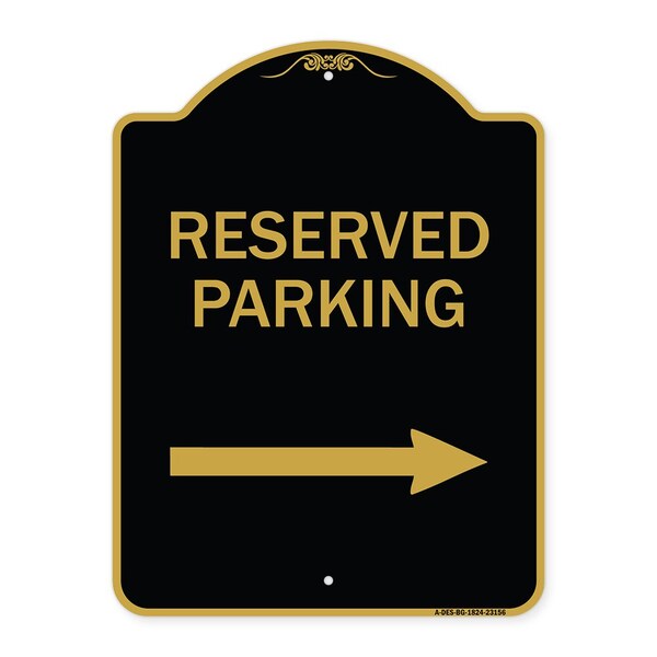 Reserved Parking Right Arrow, Black & Gold Aluminum Architectural Sign, 18" x 24", BG-1824-23156